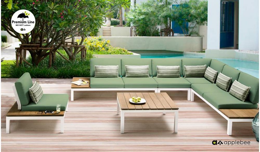 aluminium hoek loungeset met groene kussens