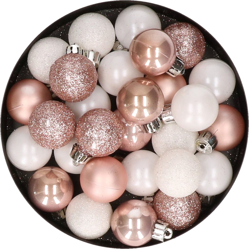 28x stuks kunststof kerstballen lichtroze en wit